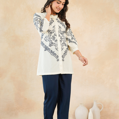 Chic Off-White & Blue Embroidered Rayon Co-ord Set