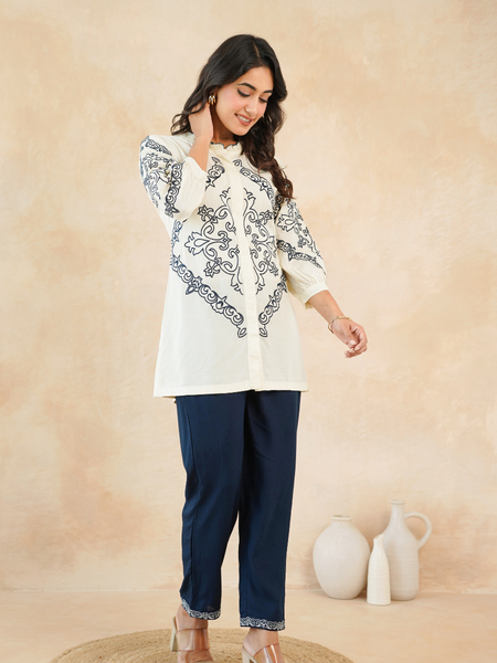 Chic Off-White & Blue Embroidered Rayon Co-ord Set