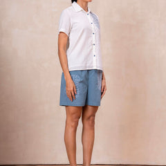 White Button-Down Top With Blue Embroidered Shorts