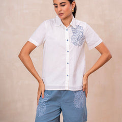 White Button-Down Top With Blue Embroidered Shorts