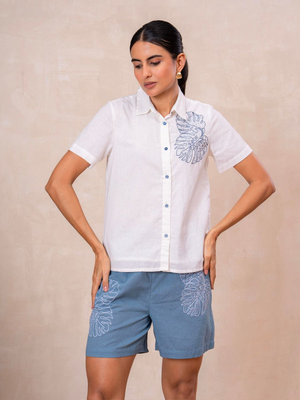 White Button-Down Top With Blue Embroidered Shorts
