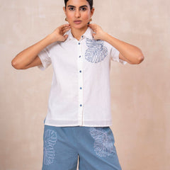 White Button-Down Top With Blue Embroidered Shorts