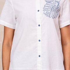 White Button-Down Top With Blue Embroidered Shorts