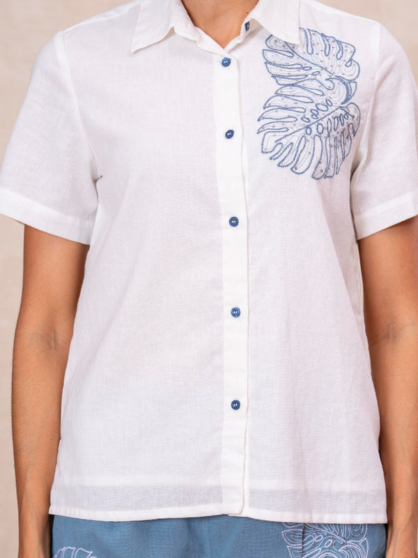 White Button-Down Top With Blue Embroidered Shorts