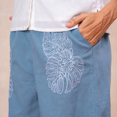 White Button-Down Top With Blue Embroidered Shorts