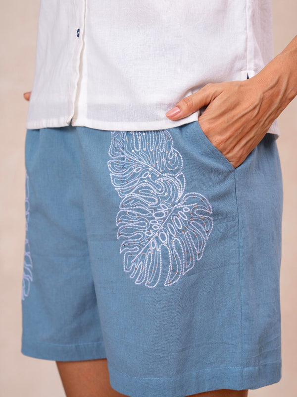 White Button-Down Top With Blue Embroidered Shorts