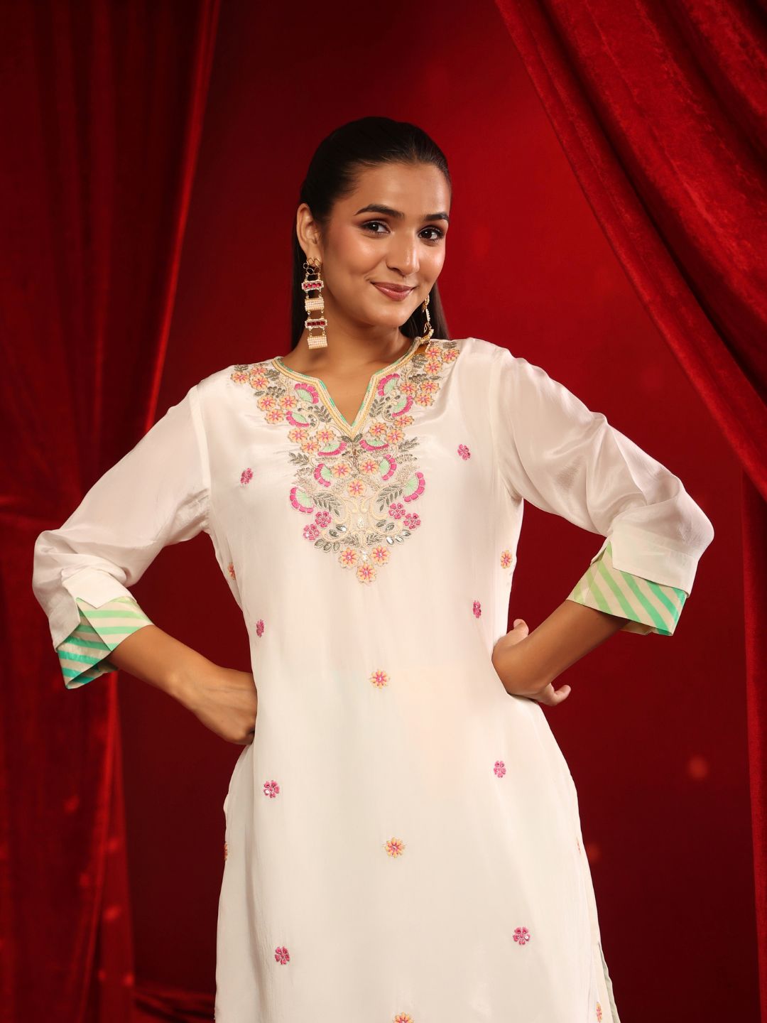 Ivory Aqua Crepe Embroidered Kurta with Farshi Salwar Set