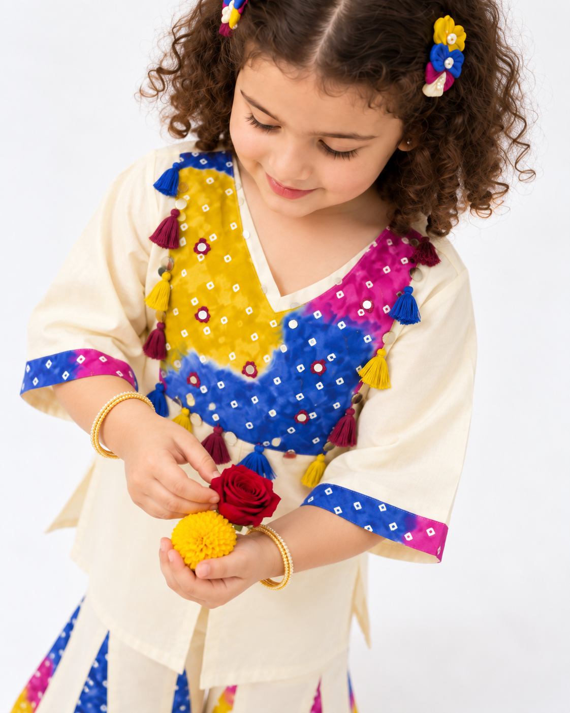 Girls' Cream Cotton Kurta Set with Multicolour Embroidered Sharara