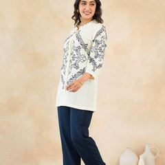 Chic Off-White & Blue Embroidered Rayon Co-ord Set