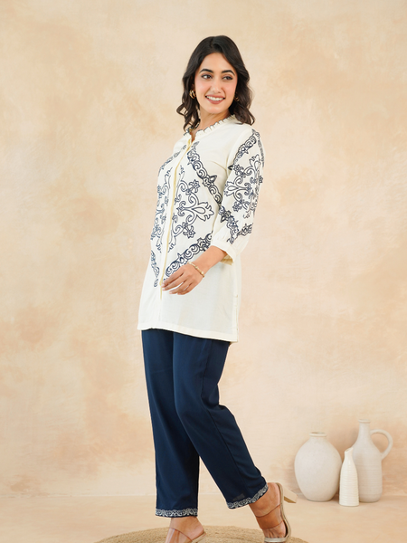 Chic Off-White & Blue Embroidered Rayon Co-ord Set