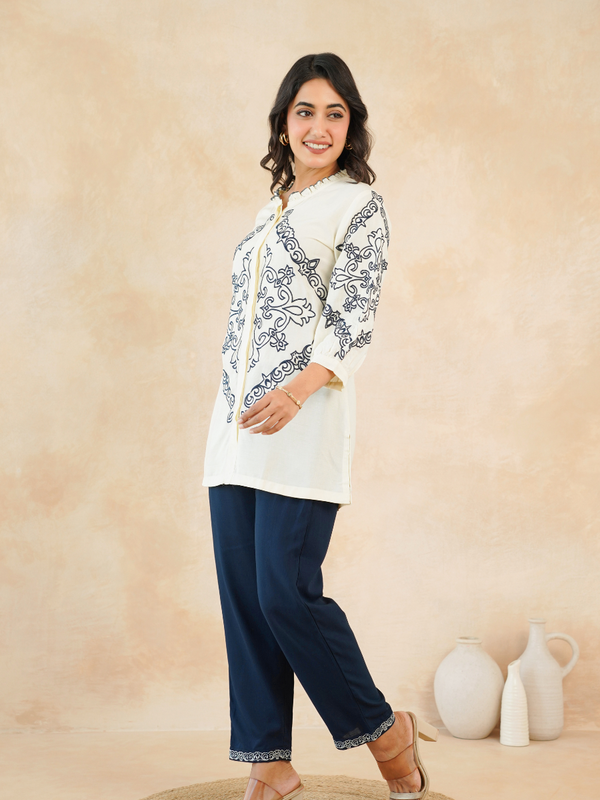 Chic Off-White & Blue Embroidered Rayon Co-ord Set