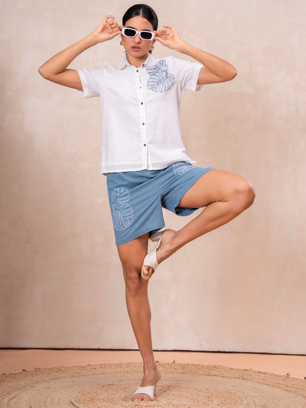 White Button-Down Top With Blue Embroidered Shorts