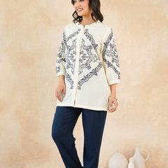 Chic Off-White & Blue Embroidered Rayon Co-ord Set
