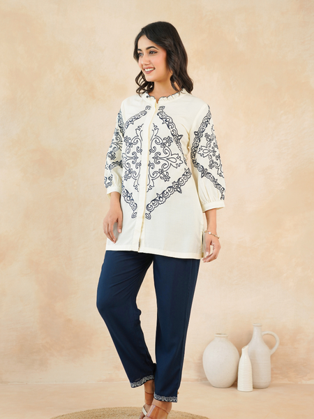 Chic Off-White & Blue Embroidered Rayon Co-ord Set