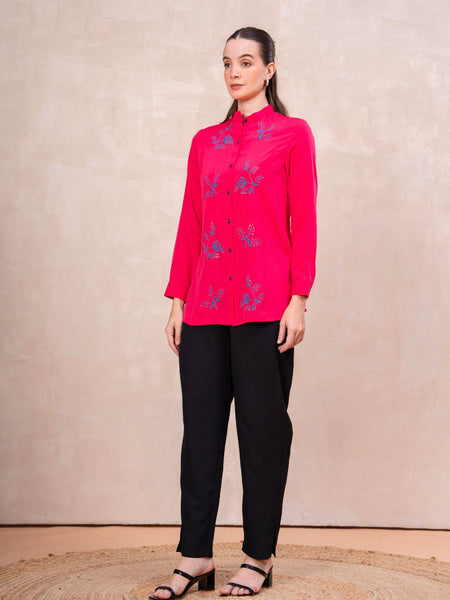 Classic Pink Front-Open Embroidered Tunic