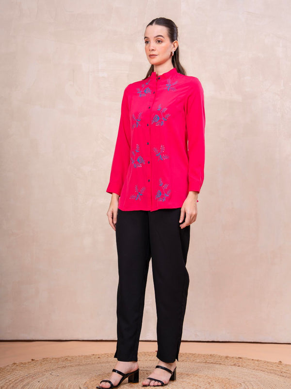 Classic Pink Front-Open Embroidered Tunic