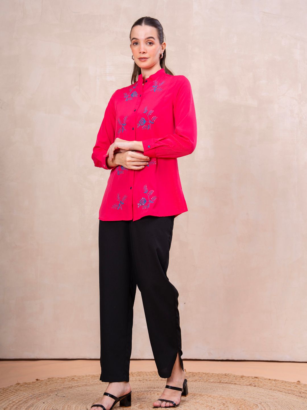 Classic Pink Front-Open Embroidered Tunic