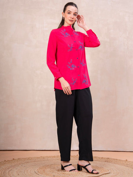 Classic Pink Front-Open Embroidered Tunic