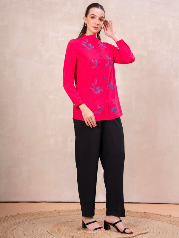 Classic Pink Front-Open Embroidered Tunic