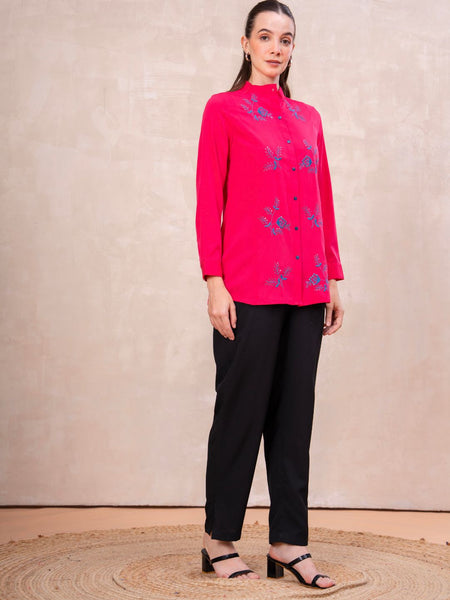 Classic Pink Front-Open Embroidered Tunic