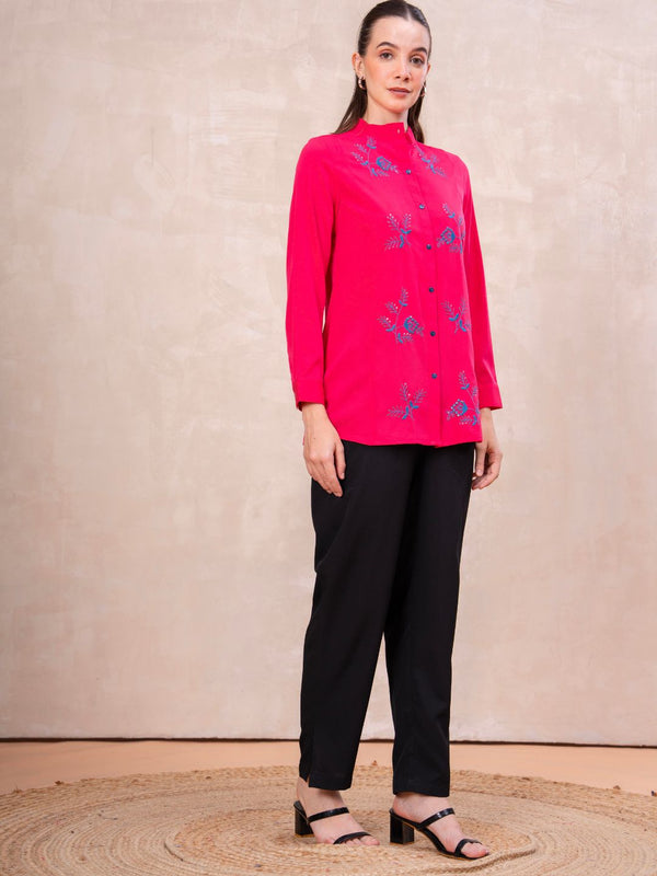 Classic Pink Front-Open Embroidered Tunic