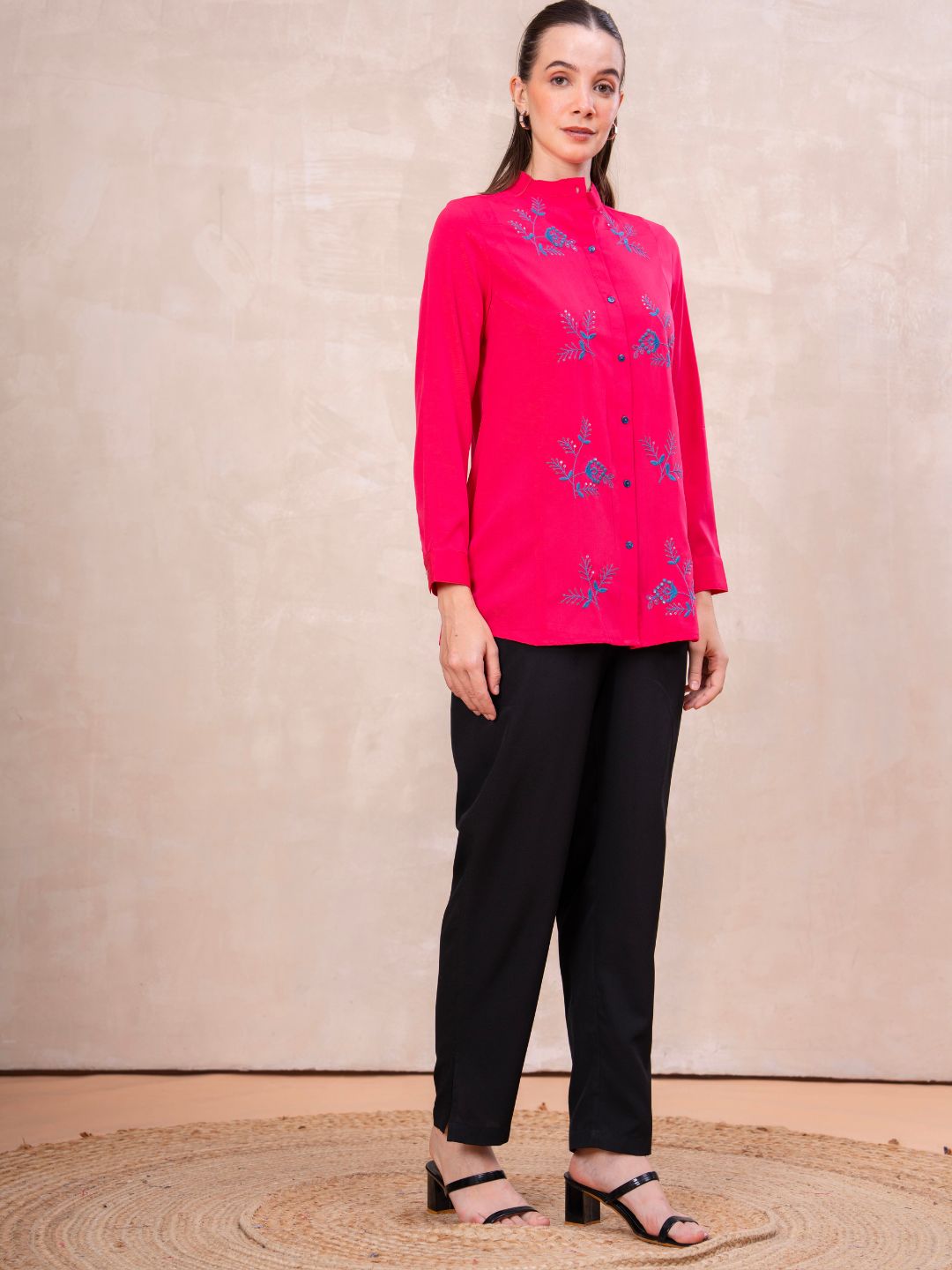 Classic Pink Front-Open Embroidered Tunic