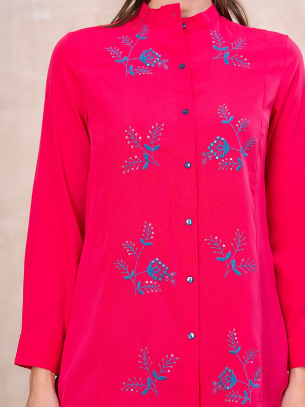 Classic Pink Front-Open Embroidered Tunic