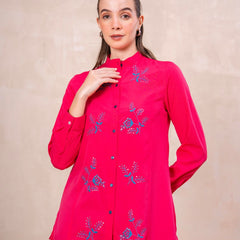 Classic Pink Front-Open Embroidered Tunic