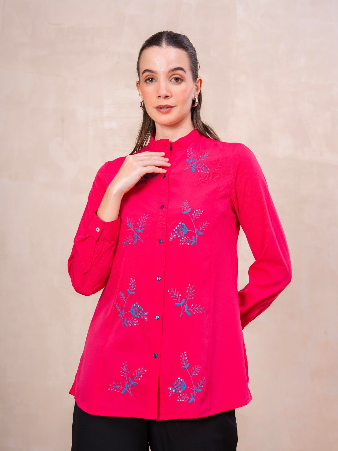 Classic Pink Front-Open Embroidered Tunic