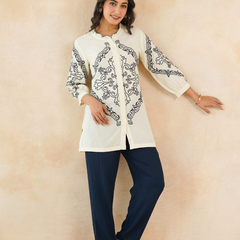 Chic Off-White & Blue Embroidered Rayon Co-ord Set