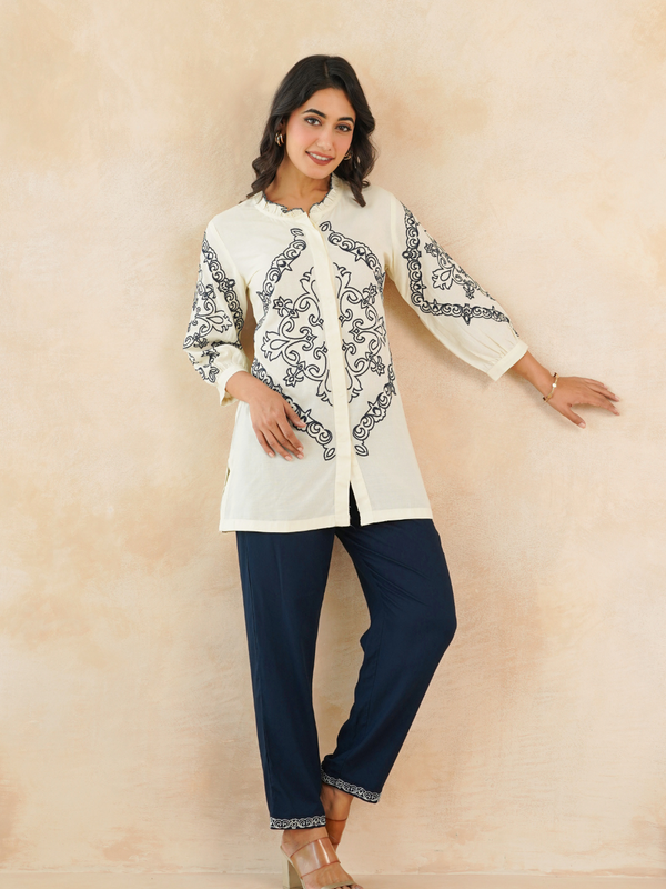 Chic Off-White & Blue Embroidered Rayon Co-ord Set