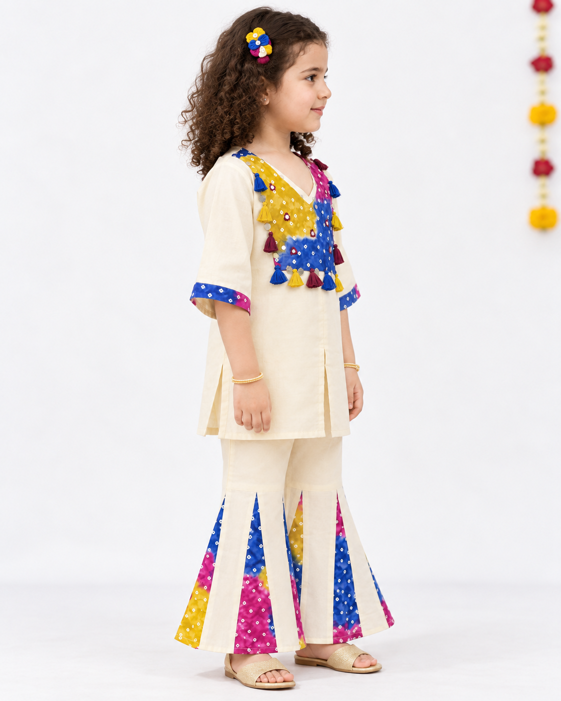 Girls' Cream Cotton Kurta Set with Multicolour Embroidered Sharara