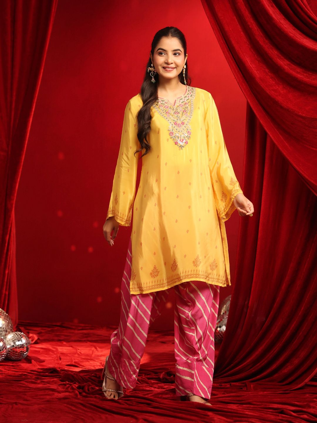 Yellow Fuchsia Crepe Embroidered Kurta with Farshi Salwar Set
