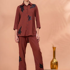 Elegant Brown Co-ord with Black Leaf Artwork
