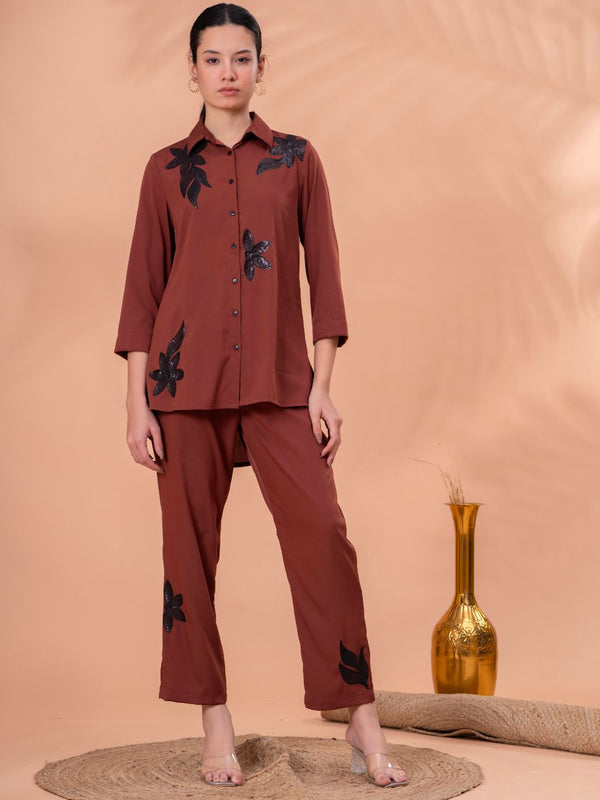 Elegant Brown Co-ord with Black Leaf Artwork