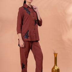 Elegant Brown Co-ord with Black Leaf Artwork