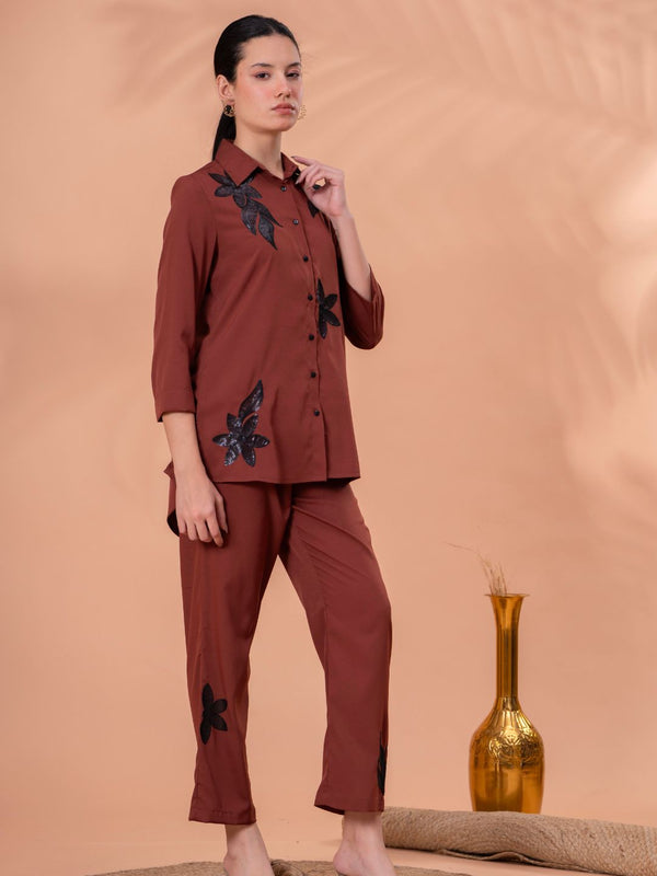 Elegant Brown Co-ord with Black Leaf Artwork