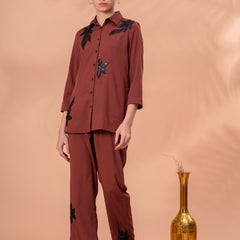 Elegant Brown Co-ord with Black Leaf Artwork