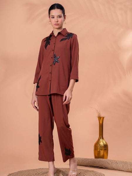 Elegant Brown Co-ord with Black Leaf Artwork