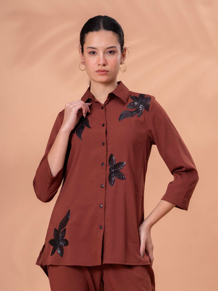 Elegant Brown Co-ord with Black Leaf Artwork