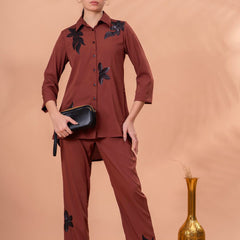 Elegant Brown Co-ord with Black Leaf Artwork