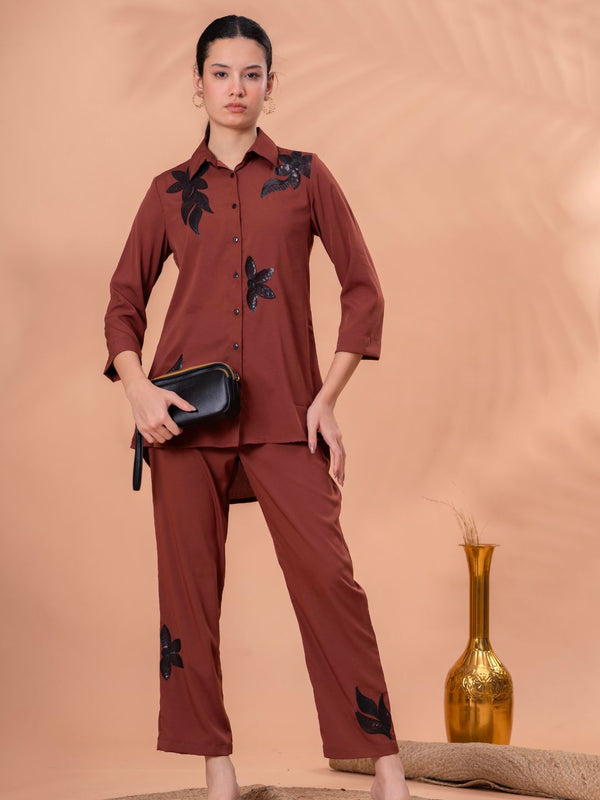 Elegant Brown Co-ord with Black Leaf Artwork
