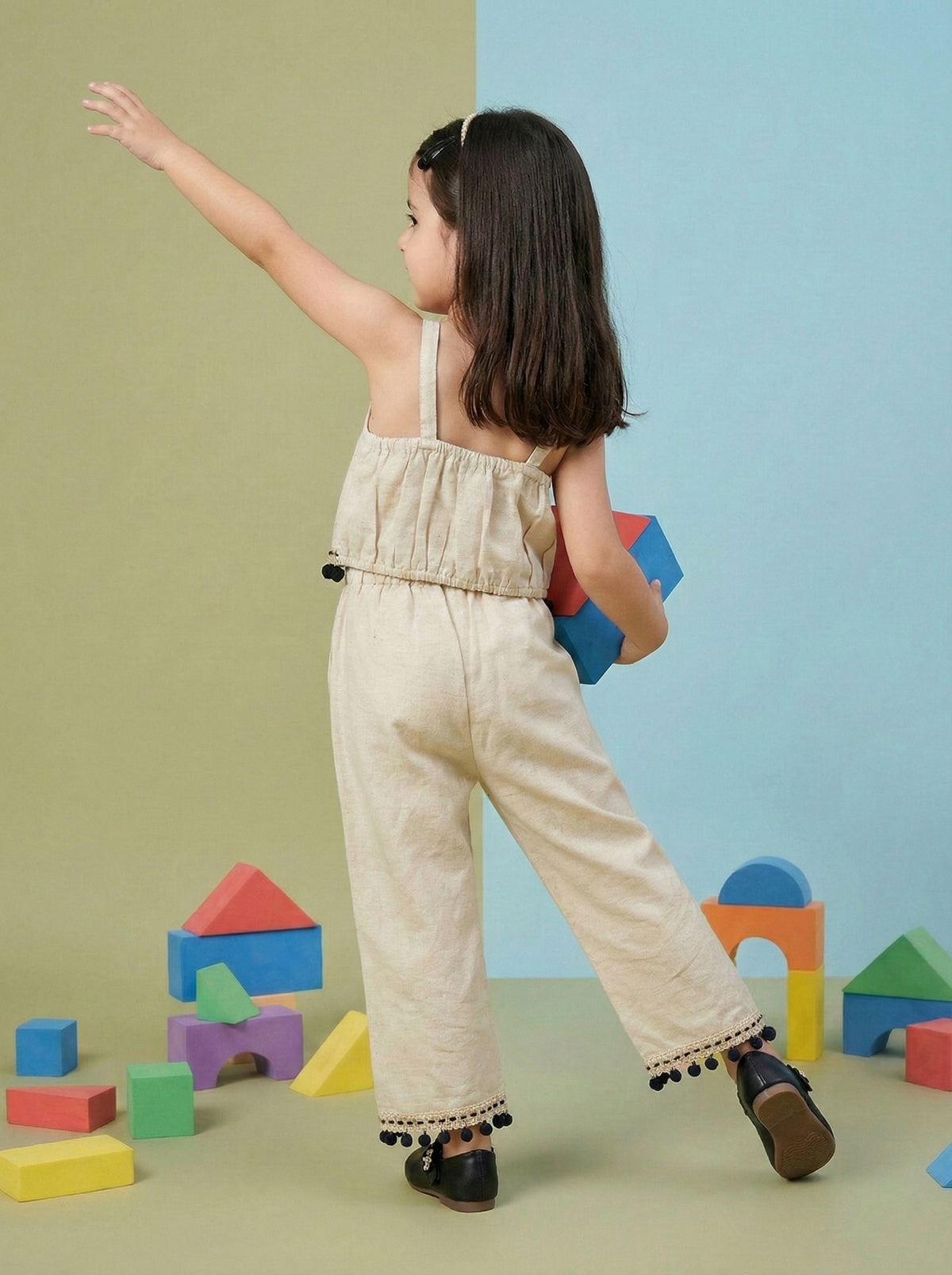 Girls Beige Floral Embroidered Sleeveless Top with Pom Pom Lace Wide Leg Pants Co-Ord Set