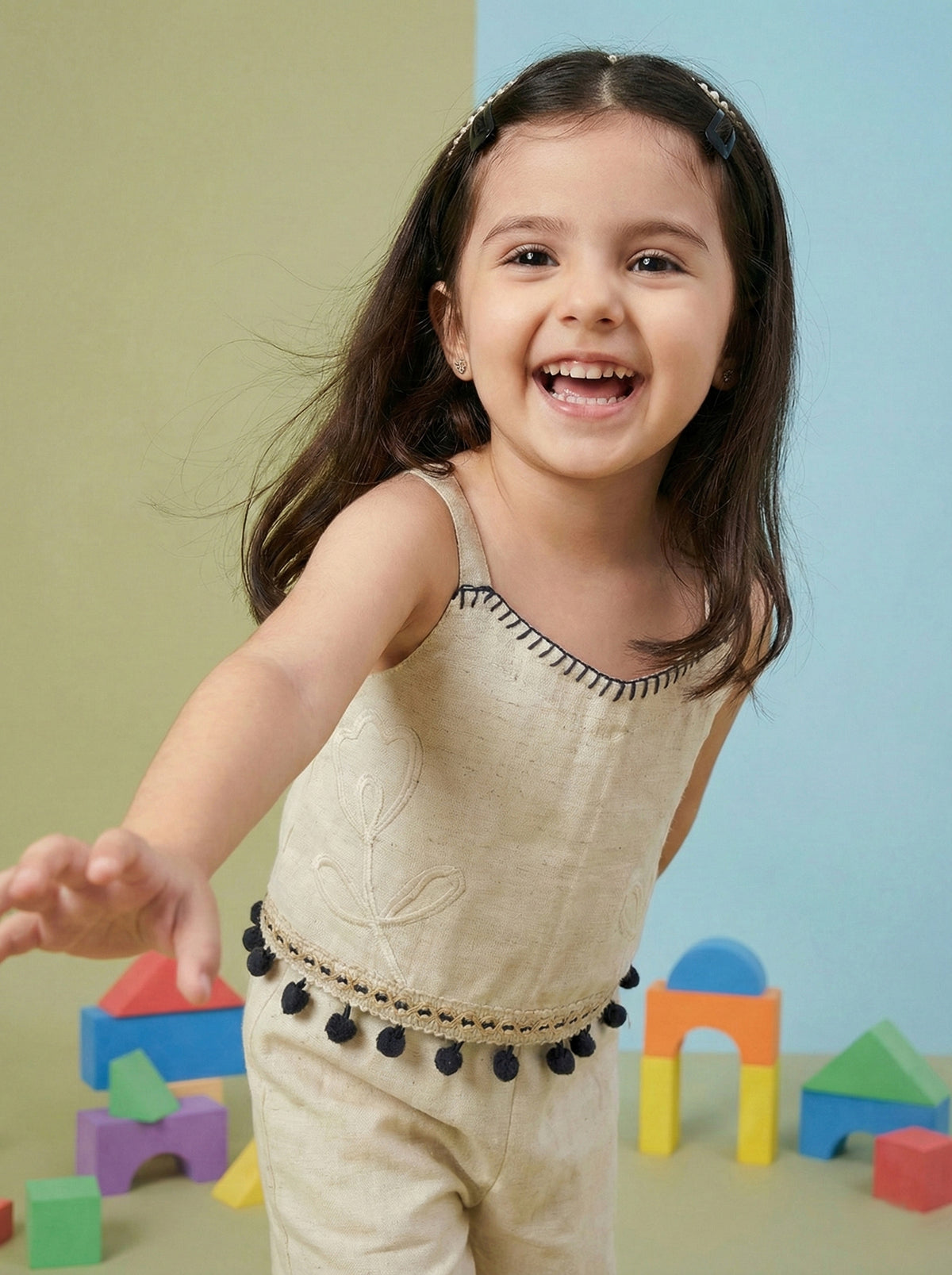 Girls Beige Floral Embroidered Sleeveless Top with Pom Pom Lace Wide Leg Pants Co-Ord Set