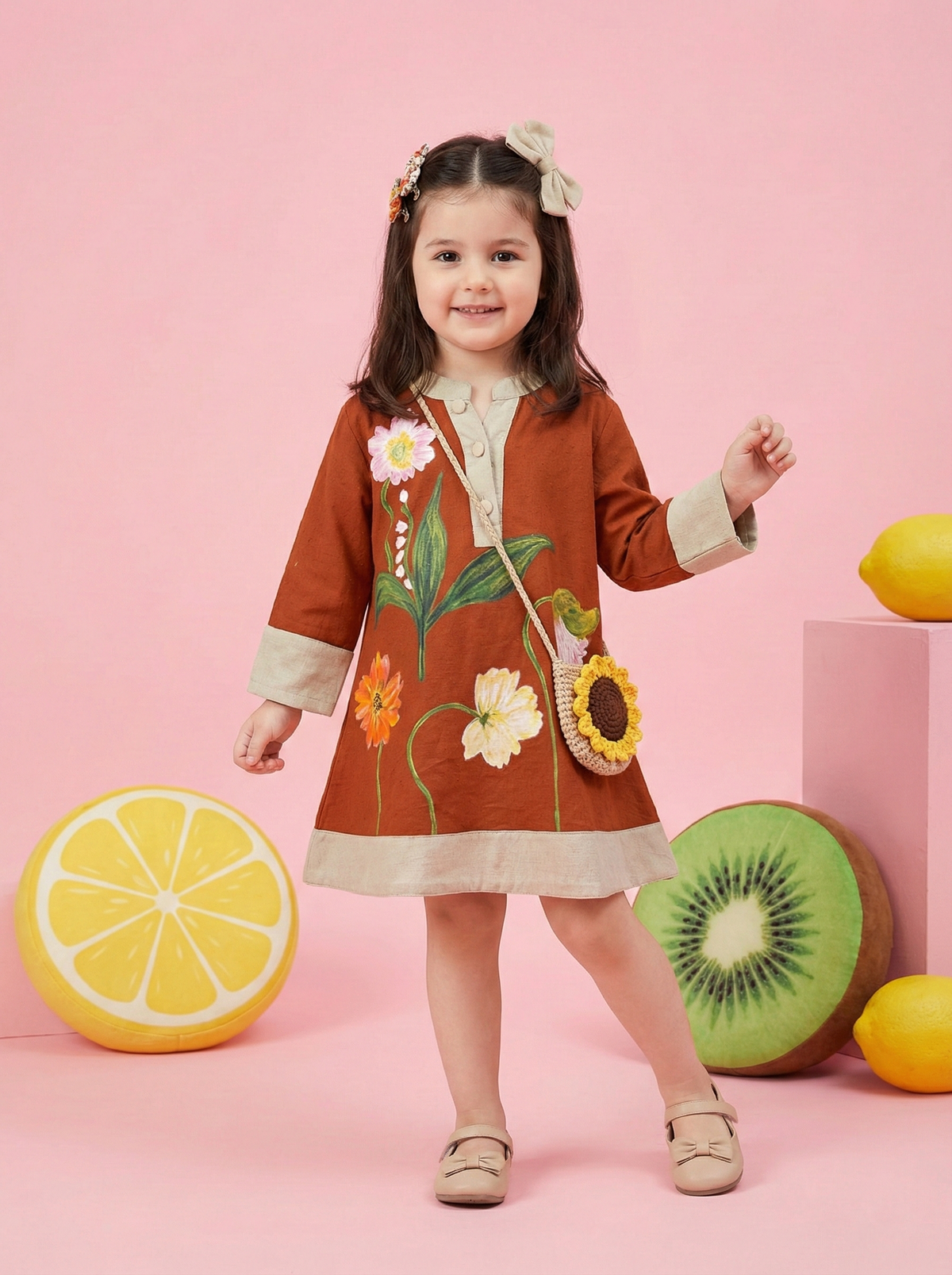 Girls Rust Brown Floral Printed Full Sleeve A-Line Dress with Beige Contrast Detailing