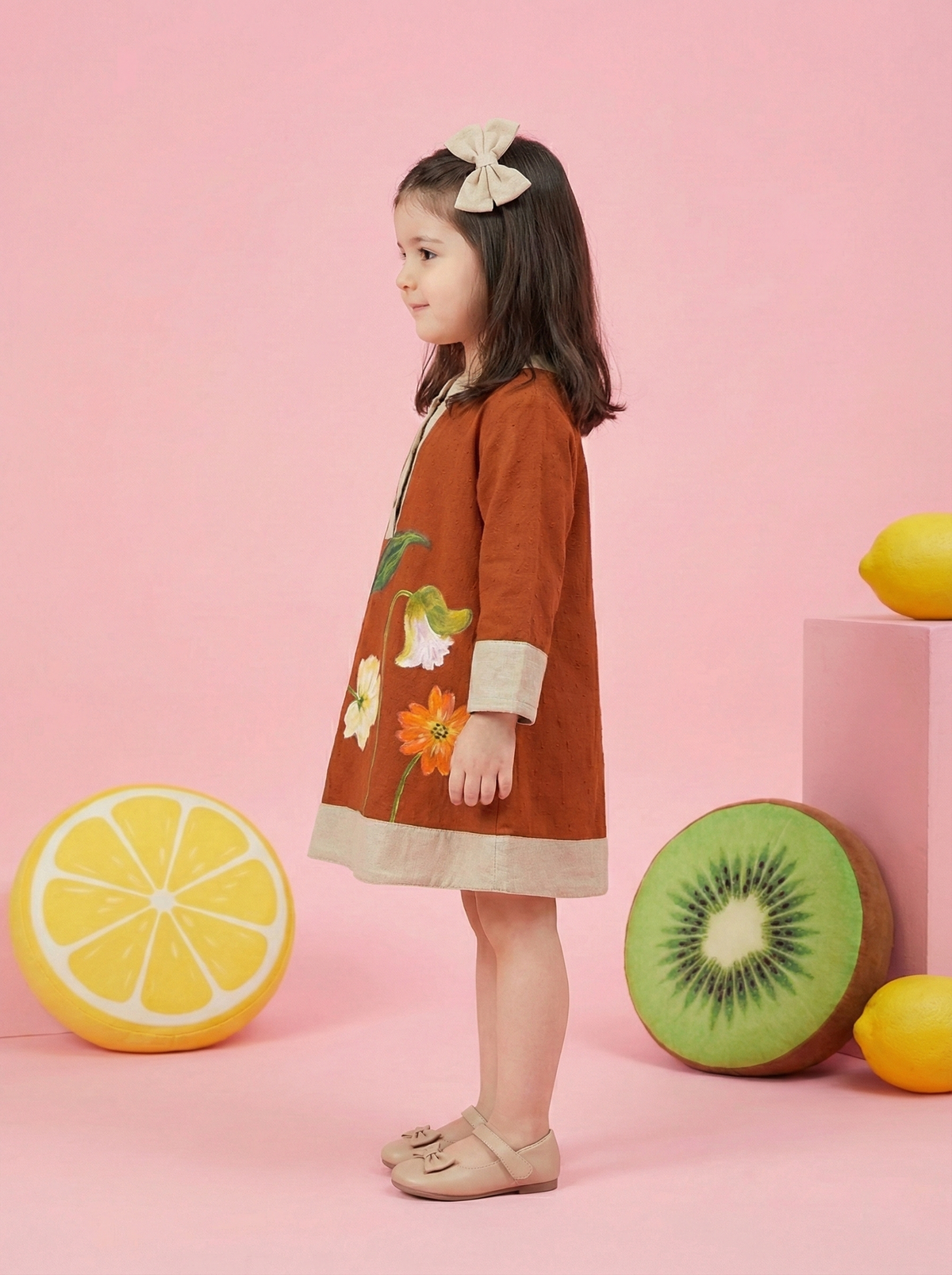 Girls Rust Brown Floral Printed Full Sleeve A-Line Dress with Beige Contrast Detailing