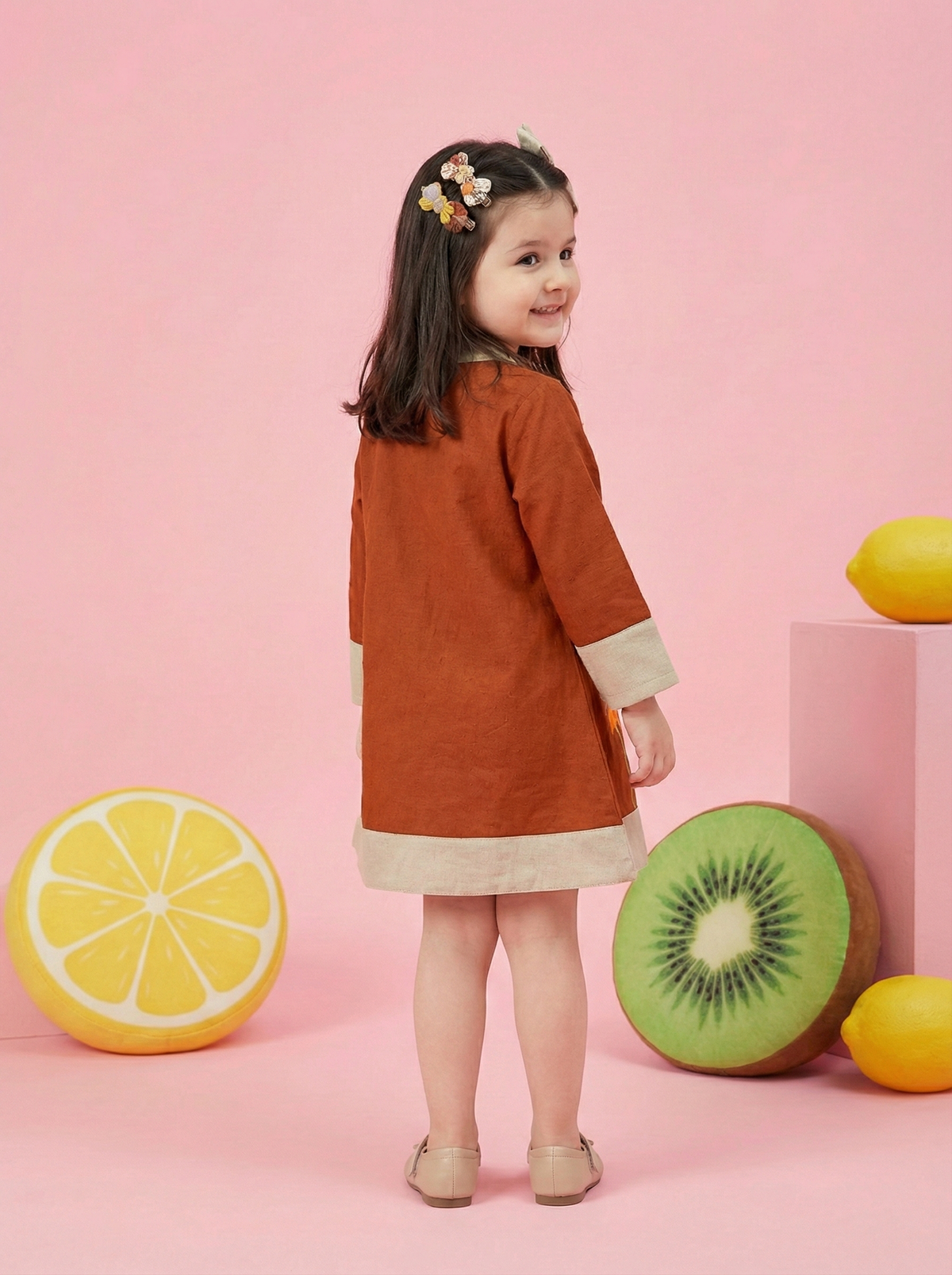 Girls Rust Brown Floral Printed Full Sleeve A-Line Dress with Beige Contrast Detailing