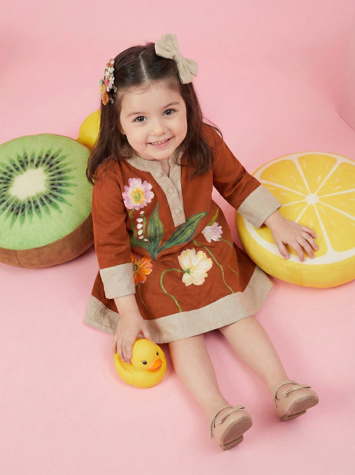 Girls Rust Brown Floral Printed Full Sleeve A-Line Dress with Beige Contrast Detailing