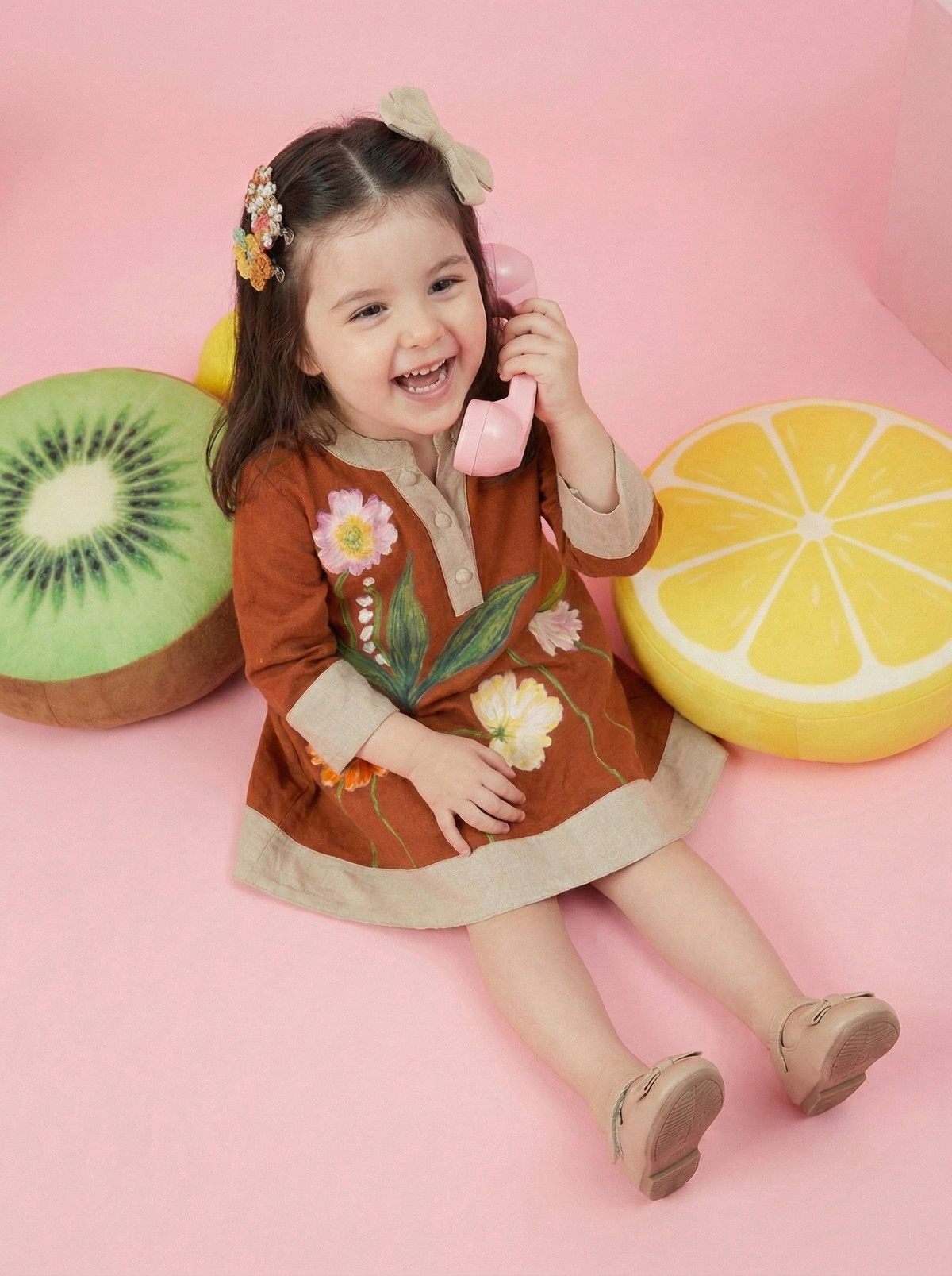 Girls Rust Brown Floral Printed Full Sleeve A-Line Dress with Beige Contrast Detailing