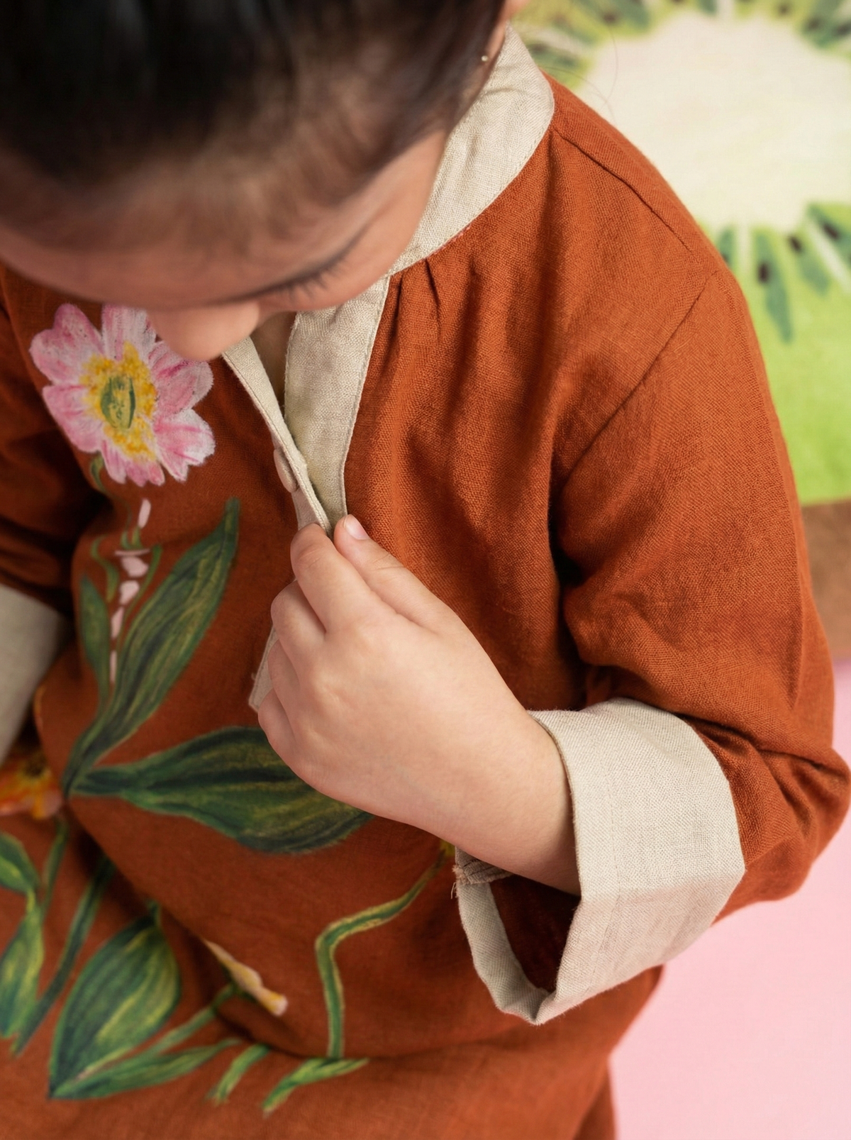 Girls Rust Brown Floral Printed Full Sleeve A-Line Dress with Beige Contrast Detailing
